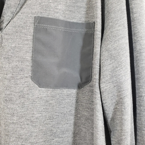 PRANA Ashlyn heather grey mixed media tab sleeve split 'V' neck hi low blouse - Picture 7 of 12